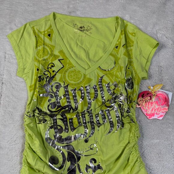 Vintage Y2K Apple Bottoms NWT Rhinestone Graffiti Women’s Scrunch Neon Shirt - Picture 2 of 7